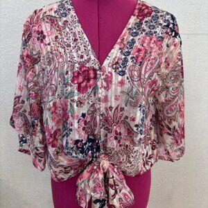 Just Polly (New York) Patterned Flowy Blouse with Tie Front, XS